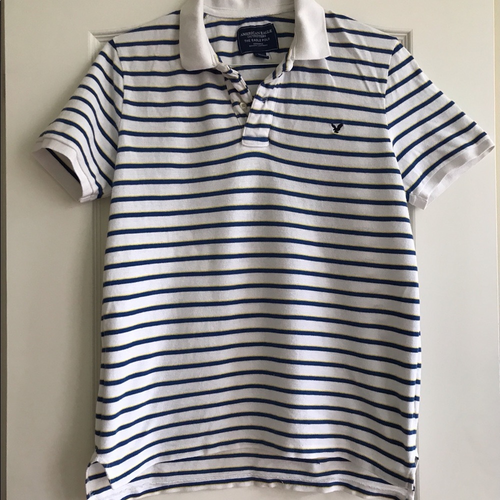 American Eagle striped polo - Medium size - white with blue & yellow stripes